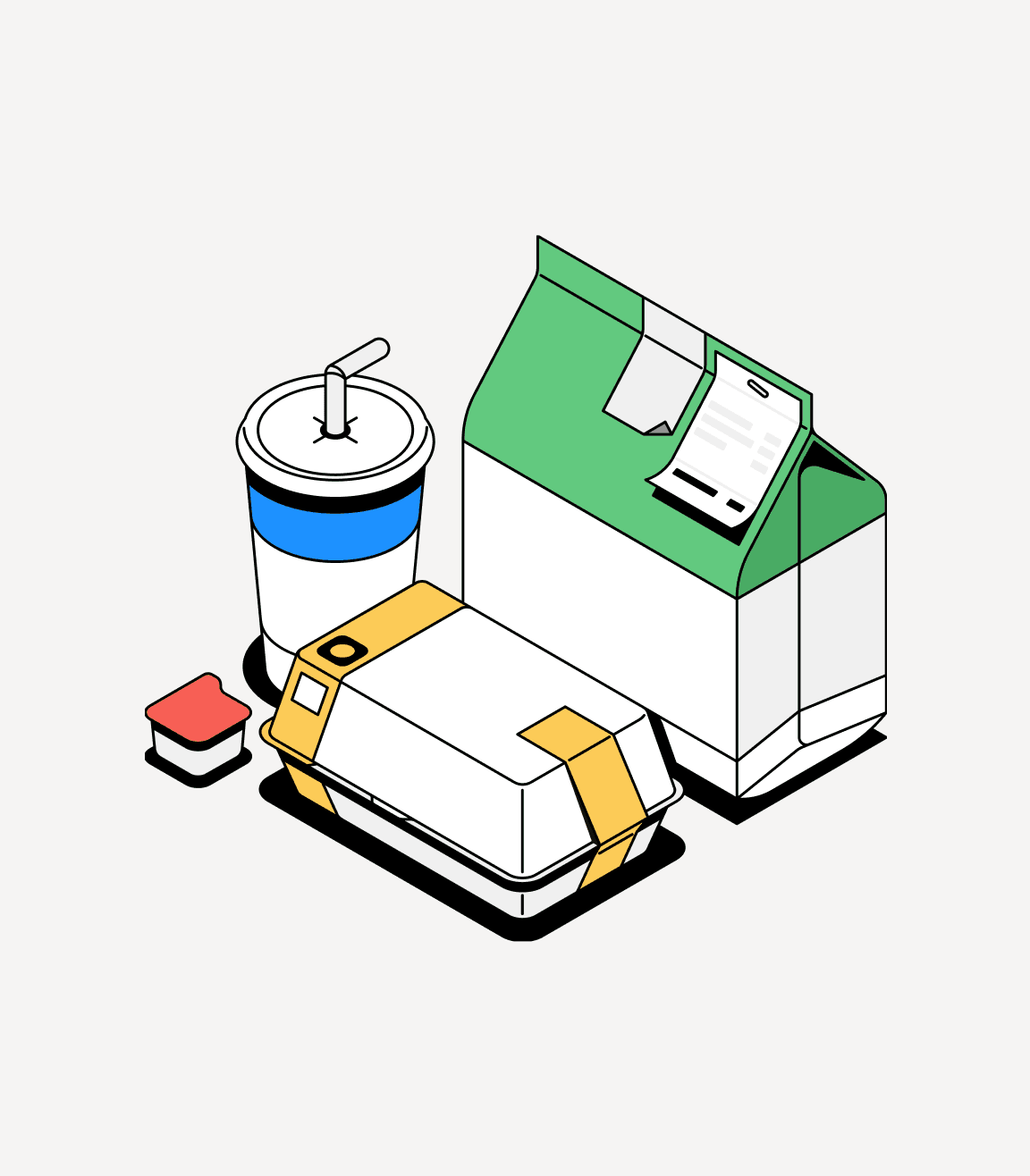 An illustration of a food order and a delivery bag