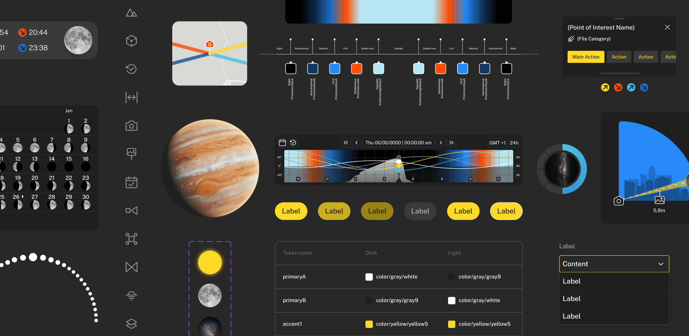 Meteor components: moon calendar, planet, time bar, map pin, labels, buttons, icons, colour tokens and a dropdown