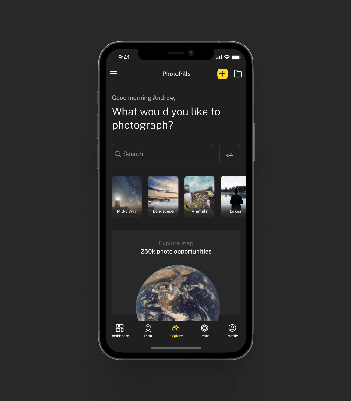 An iPhone with the PhotoPills home: What would you like to photograph?