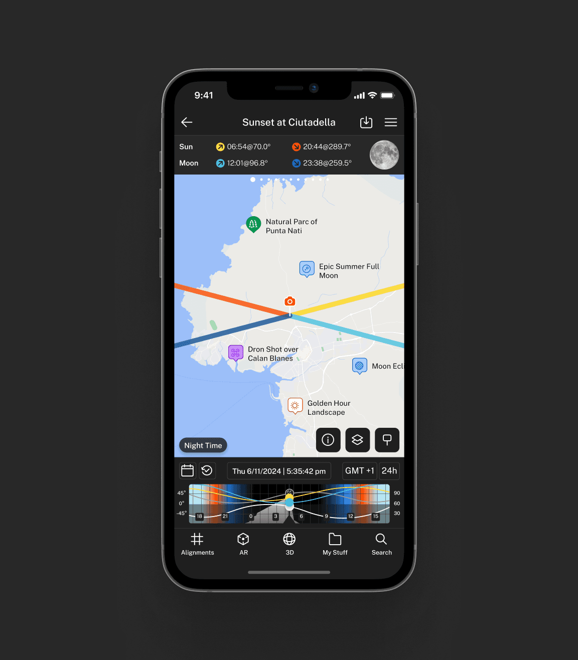 An iPhone with a PhotoPills plan: sun and moon lines over a map