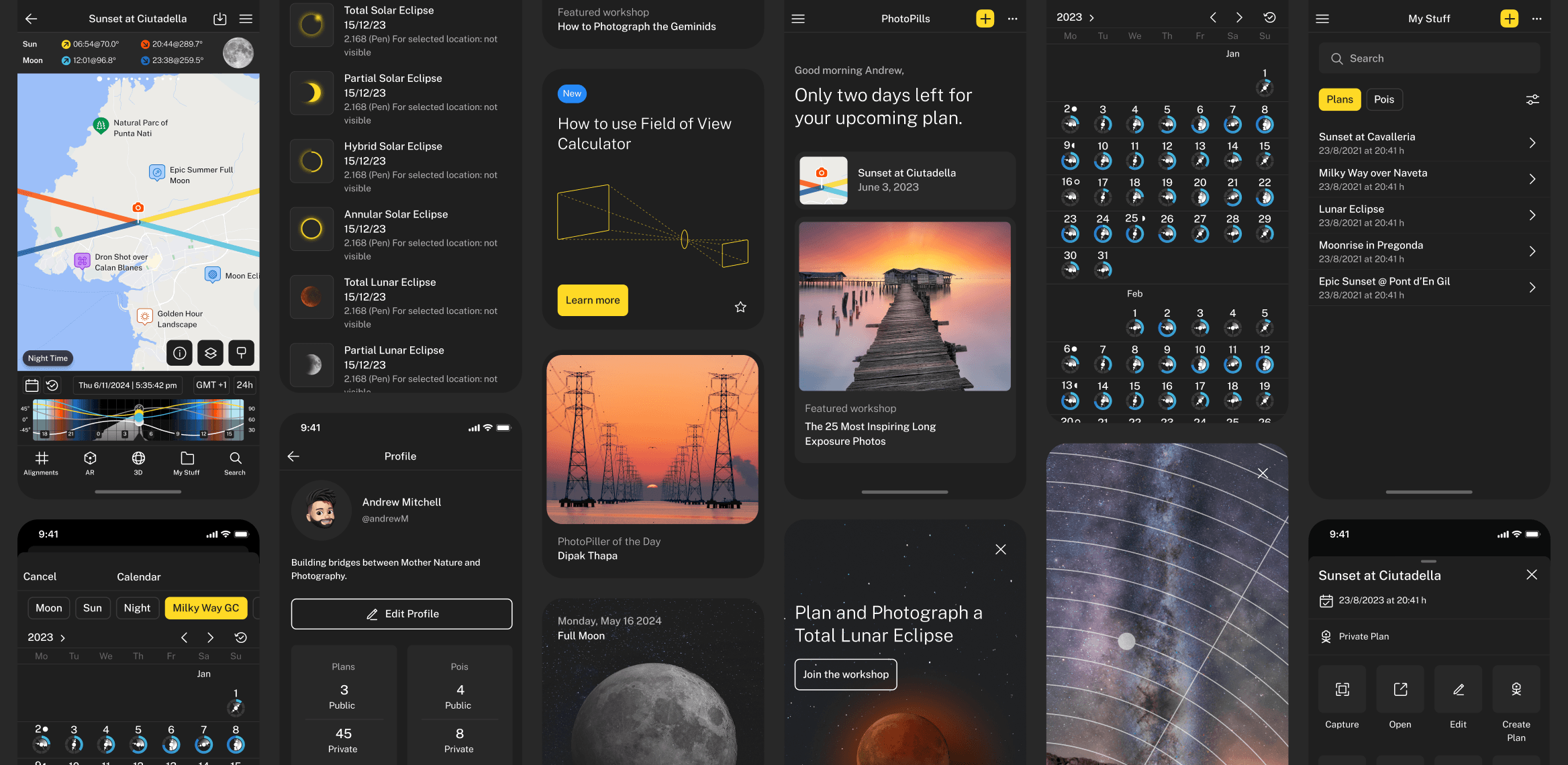Columns of PhotoPills screens: map planner, eclipses, feed, calendar and plans