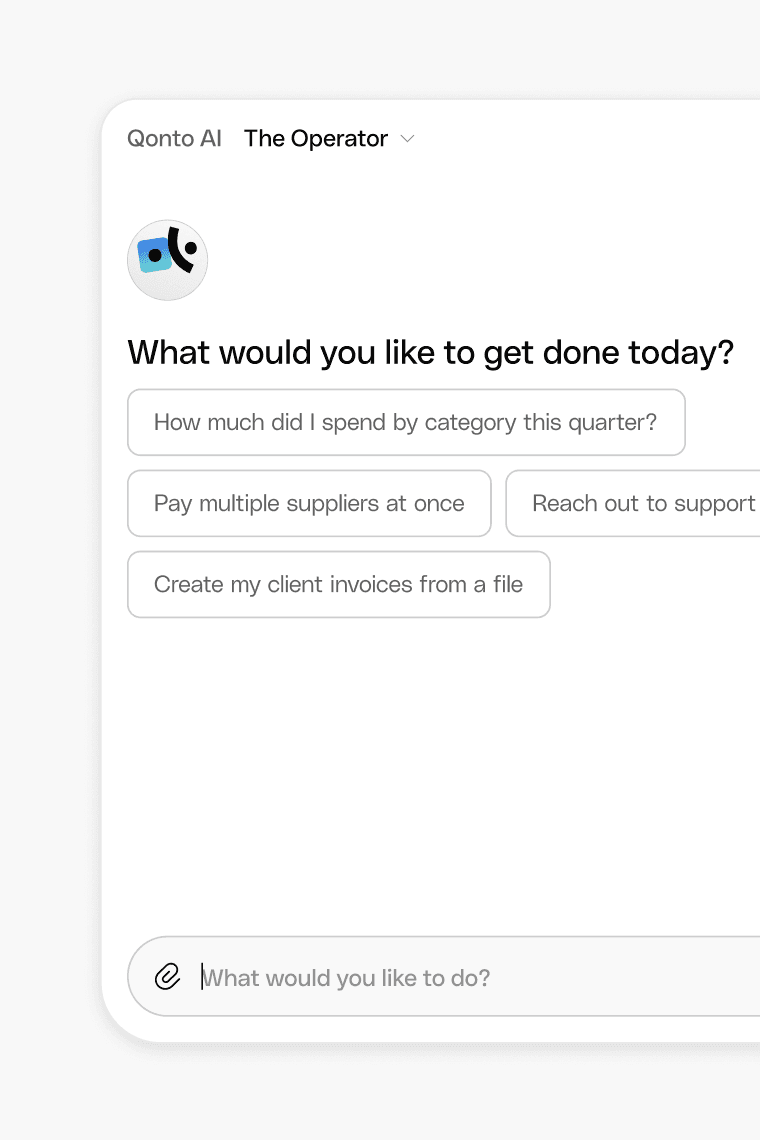 Qonto AI, The Operator: What would you like to get done today?, with suggested tasks