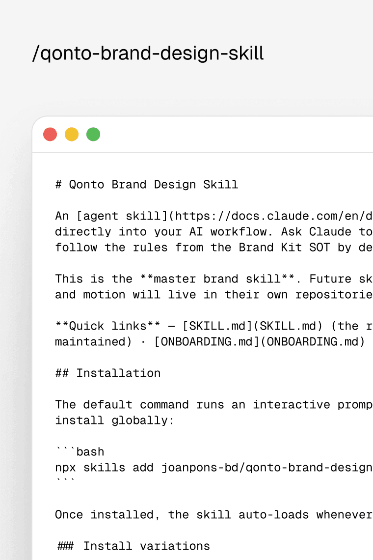 The Qonto Brand Design Skill readme in an editor window, under /qonto-brand-design-skill