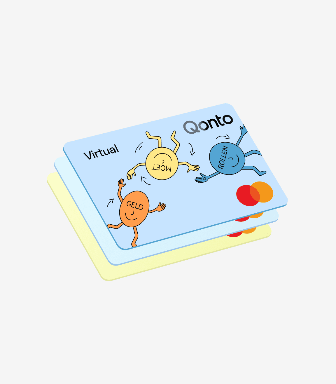Stacked Qonto virtual cards illustrated with playful characters