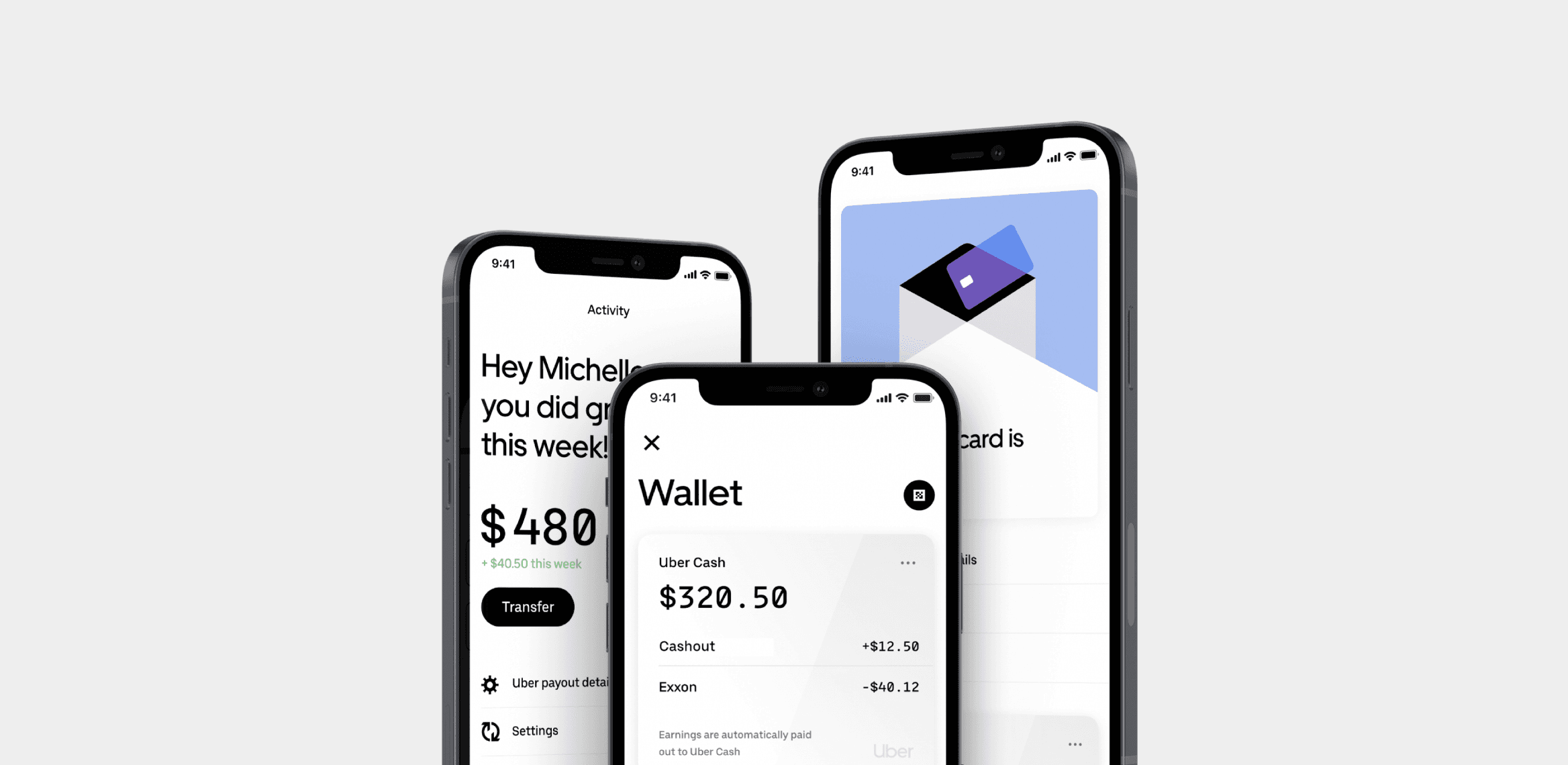 Uber Money on three phones: weekly earnings, the Wallet and a new card