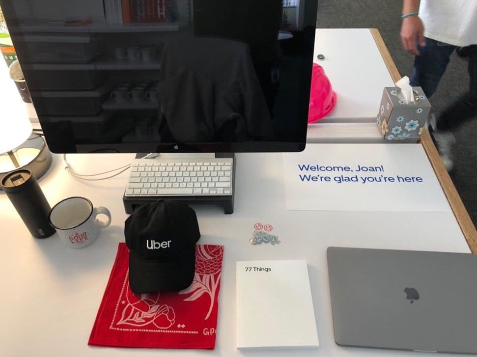 A welcome desk on the first day at Uber