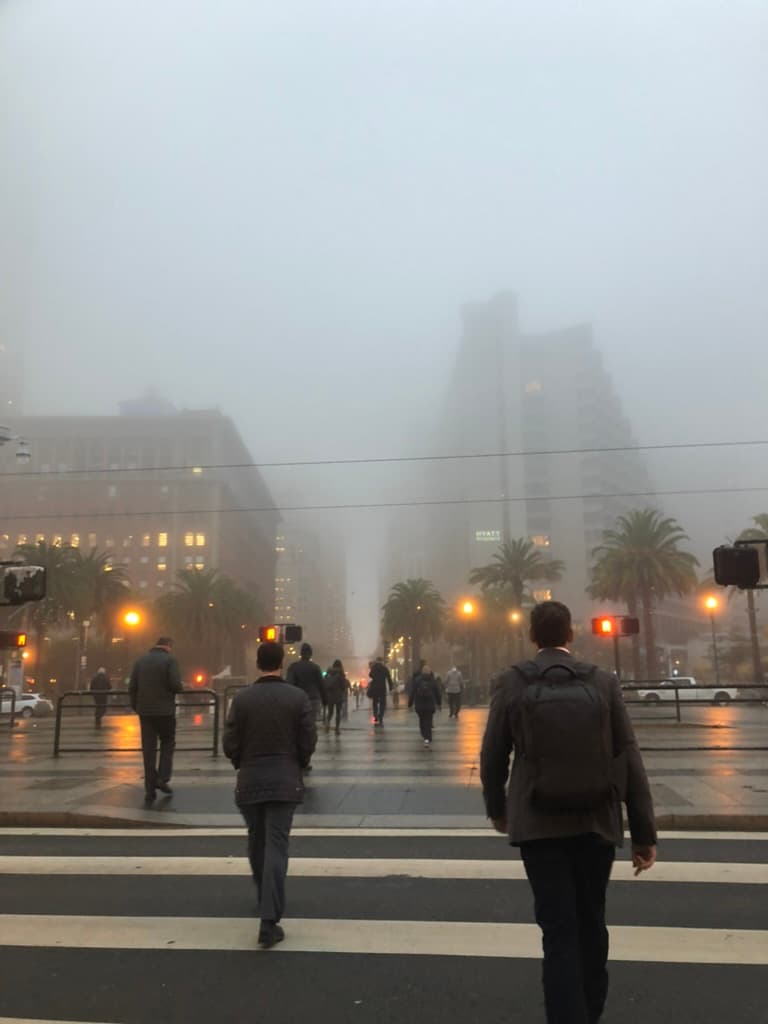 Walking to work through the fog in San Francisco
