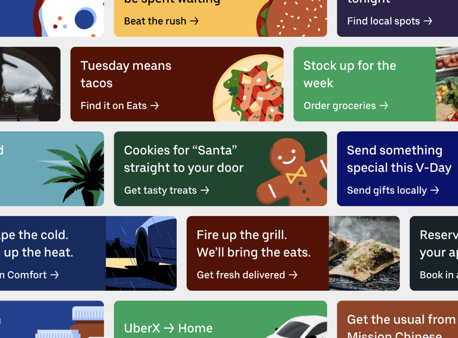 Uber promotional cards for Eats, groceries, gifts and rides