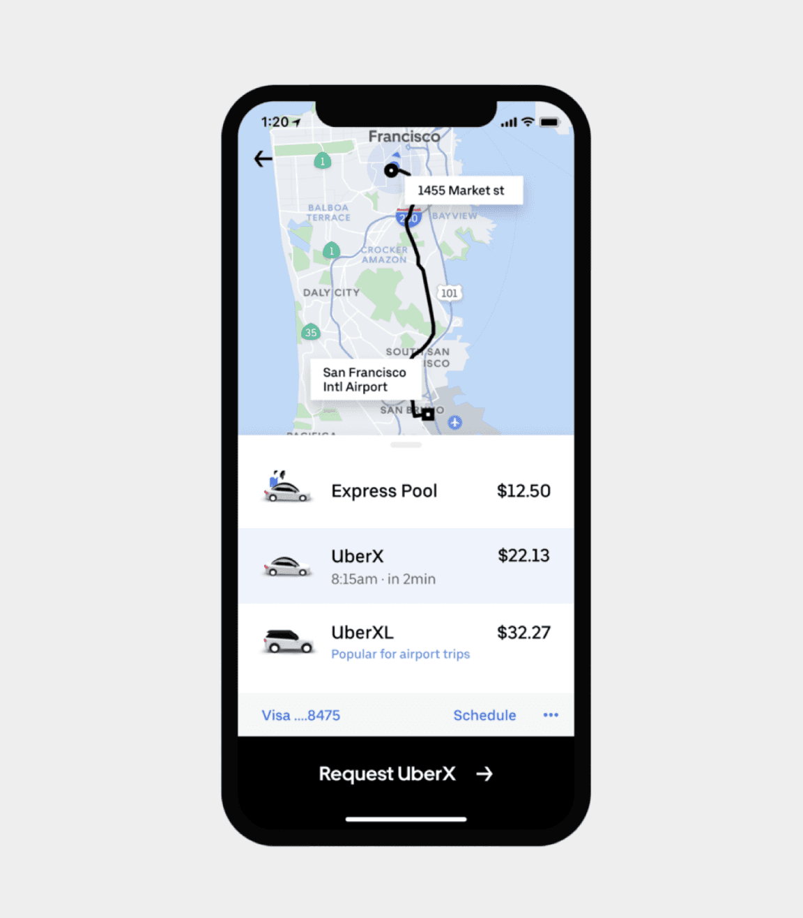 The Uber app: choosing a ride to San Francisco airport