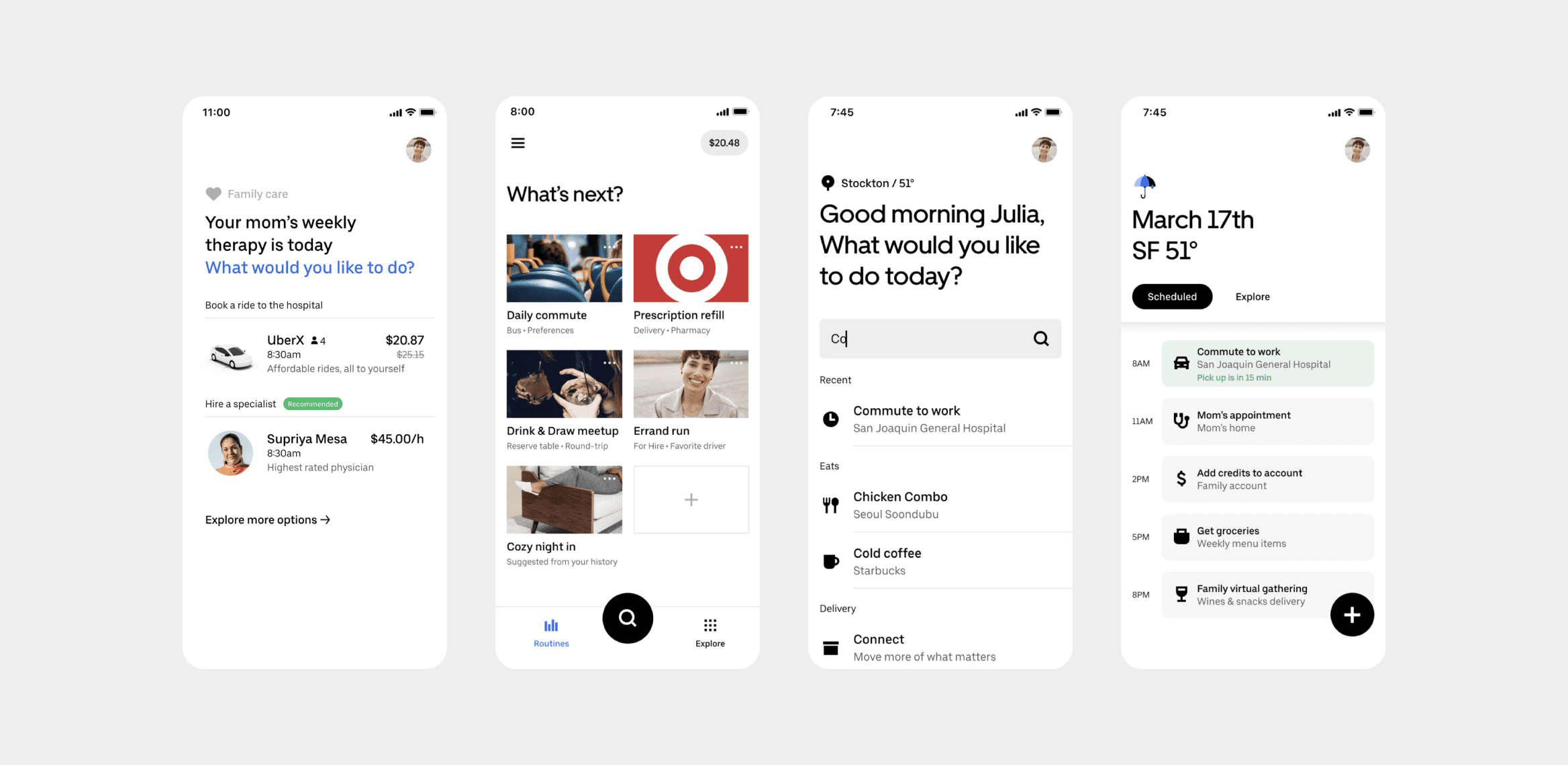 Four Uber app screens: family care, routines, search and a day's schedule