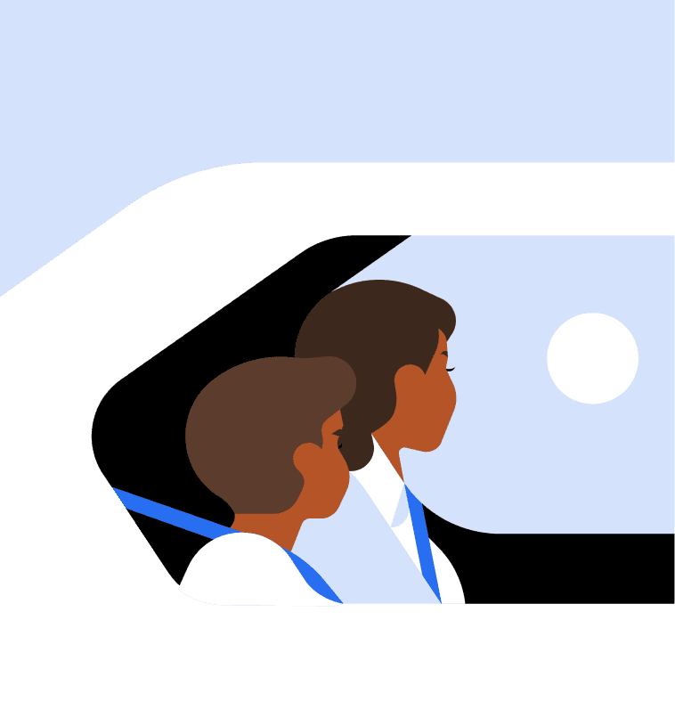 Illustration of two riders looking out of a car window